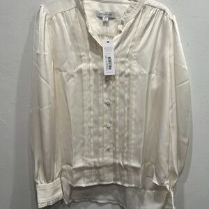 Amour Vert Cream white long sleeve ruffle button down blouse large satin NWT